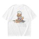 Olive T-shirt with a stressed cartoon cat baking cookies
