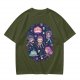 Olive T-shirt with Chibi Fantasy Characters and Whimsical Art Print