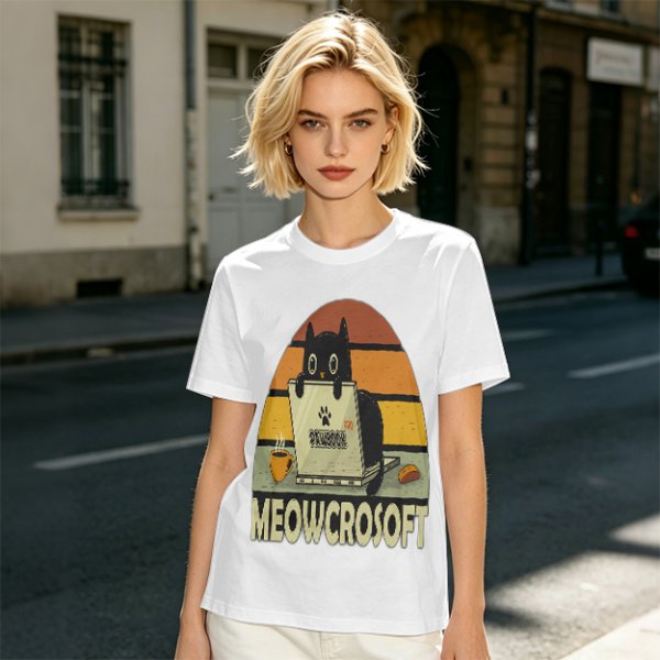 Olive t-shirt with black cat using laptop and Meowcrosoft text