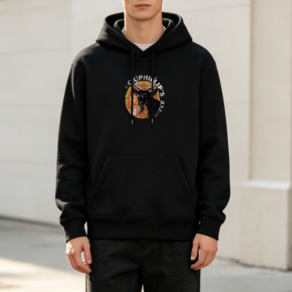 Black hoodie with goat and coffee themed graphic print