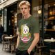 Owl-like character in ramen bowl graphic olive green t-shirt