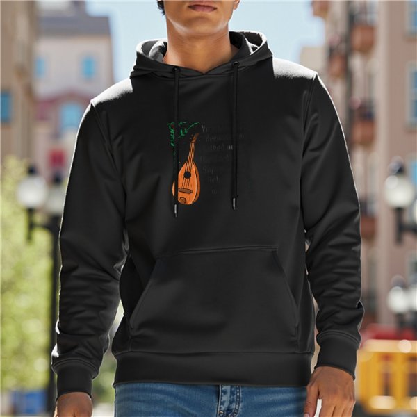 Black Hoodie with Lute and Green Foliage Graphic Print