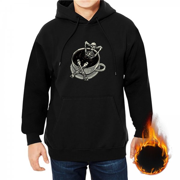 Black hoodie with a skeleton relaxing in a coffee cup print