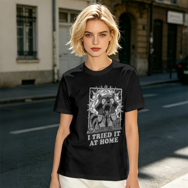 Olive Graphic Tee With Shocked Raccoon Scientist I Tried It At Home Print