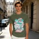 Olive t-shirt with a cartoon apple juice box skeleton graphic
