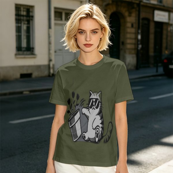 Olive T-Shirt With Cool Cat Wearing Sunglasses Knocking Over Potted Plant