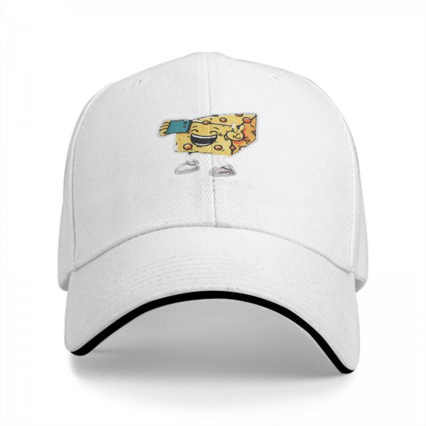 Black Baseball Cap With Cartoon Cheese Taking Selfie Peace Sign