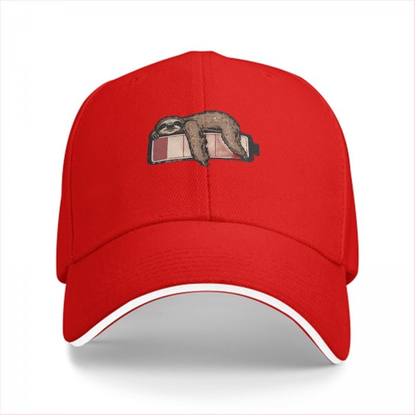 Black baseball cap with a sleepy sloth on low battery icon print