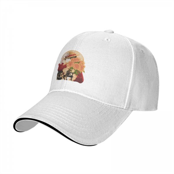 Black Baseball Cap With Anime Straw Hat And Sunflower Print