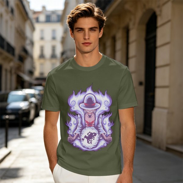 Anime Gear 5 Character Graphic Print Olive T-Shirt