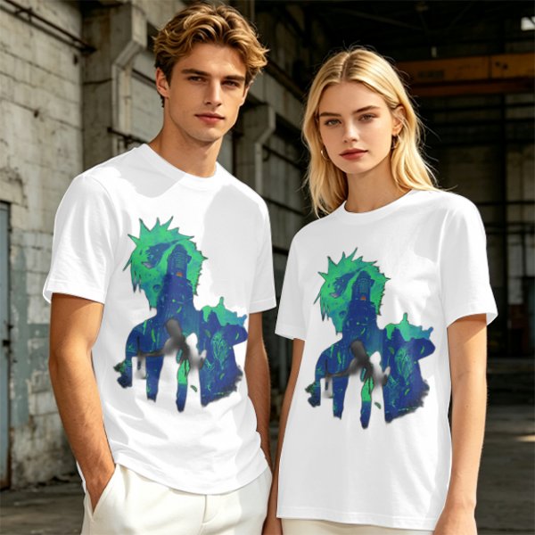 Olive Green Anime Graphic T-Shirt with Spiky Character Art