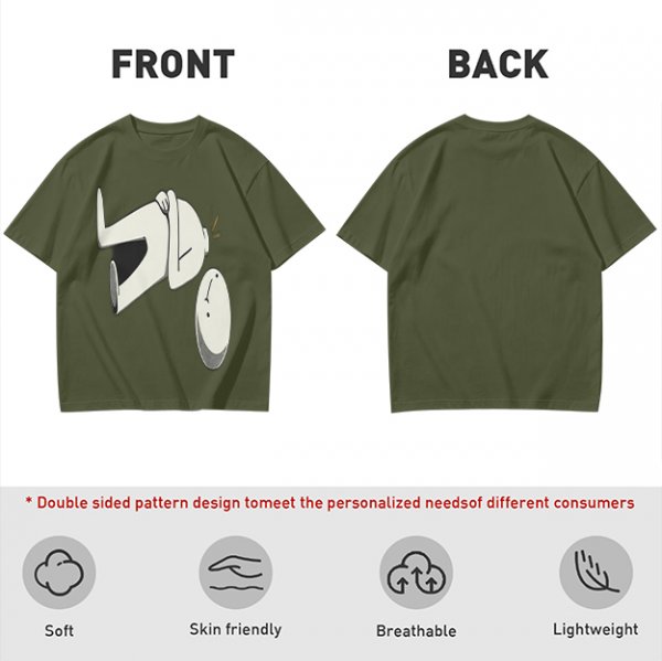 Olive T-Shirt With Surprised Cartoon Figure And Separate Face Print