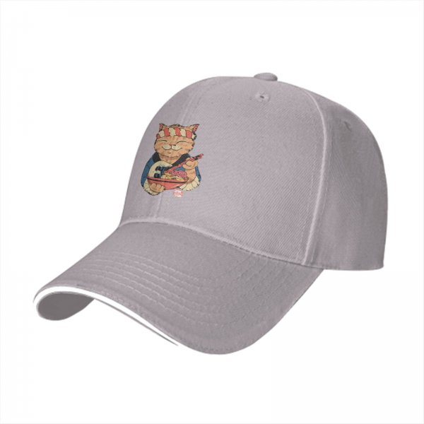 Black Baseball Cap with Ramen Chef Cat Graphic