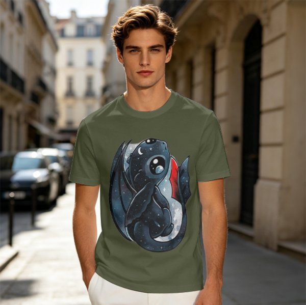 Olive T-shirt with cute starry night dragon graphic