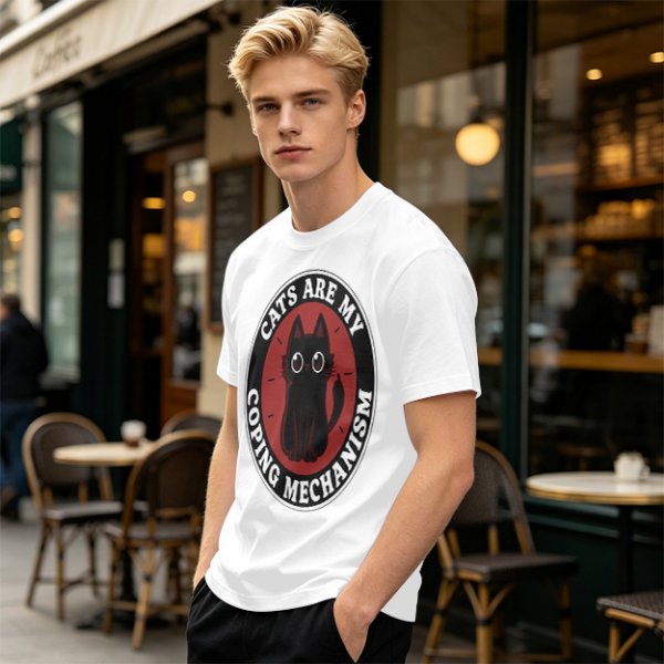 Olive t-shirt with 'Cats Are My Coping Mechanism' and black cat graphic