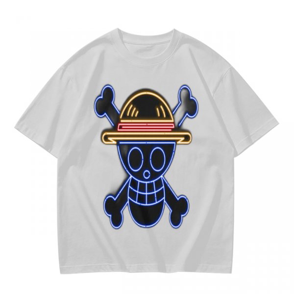 Olive T-Shirt with Neon Style Straw Hat Pirate Skull Print