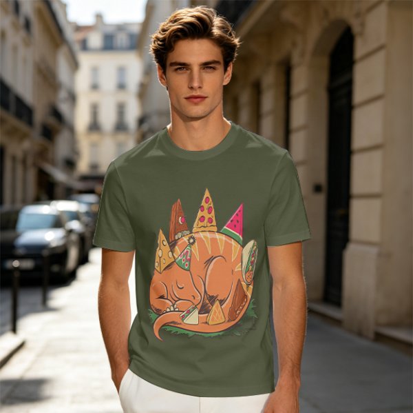 Sleeping Dinosaur Surrounded by Food Slices Graphic T-Shirt