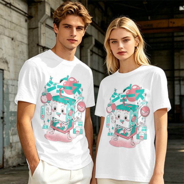 Olive t-shirt with a cartoon apple juice box skeleton graphic