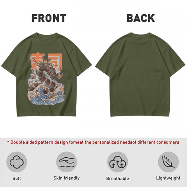 Olive T-shirt with Sushi Dragon Wave Graphic Print