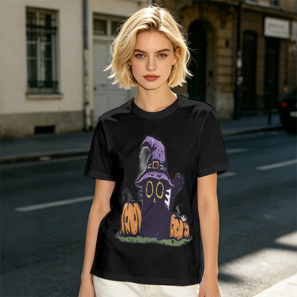 Olive Halloween T-Shirt with Black Cat Witch and Pumpkins