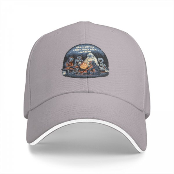 Black baseball cap with cryptid alien campfire graphic design