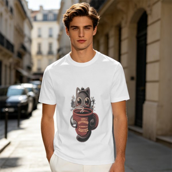 Olive t-shirt with a cartoon cat and coffee cup graphic