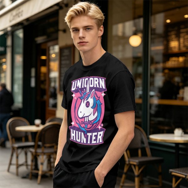 Unicorn Hunter Graphic Tee with Sword and Sparkle Design