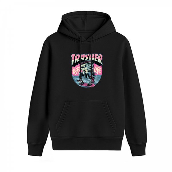 Black graphic hoodie with Thrasher For Life robot skate design