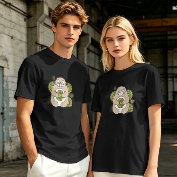 Olive Green T-Shirt With Cute Totoro And Leaf Print