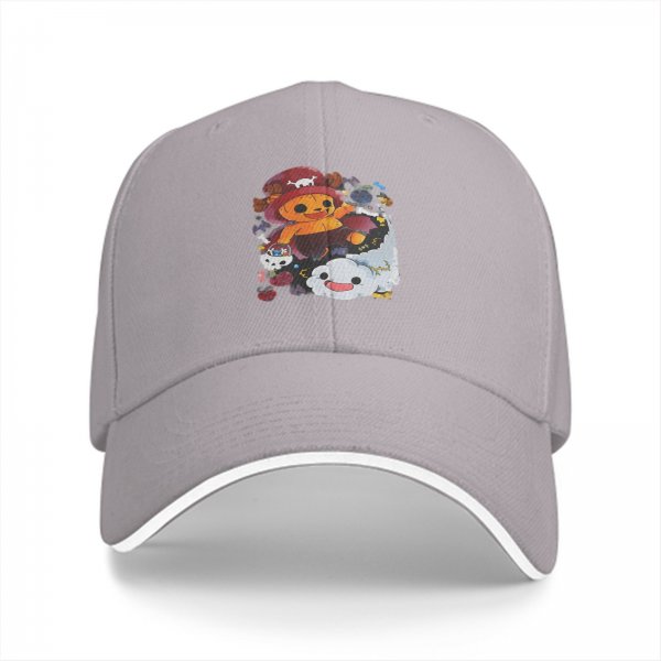 Black baseball cap with cute anime pirate character and cloud graphic