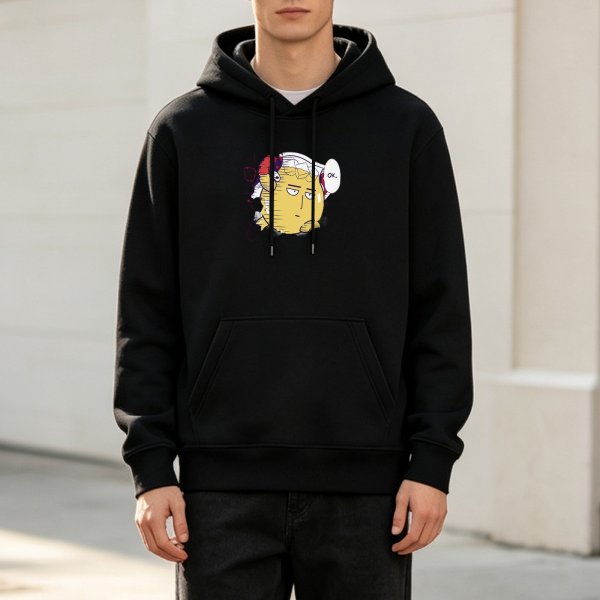 Black hoodie with a bored anime-style character graphic print
