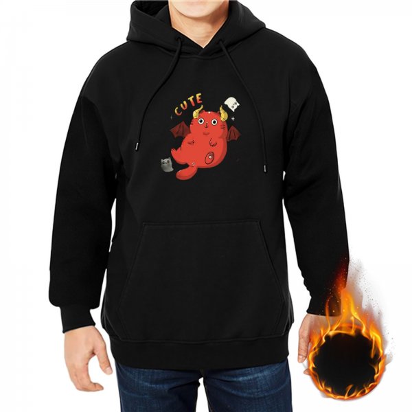 Black Hoodie With Cute Devil Cat And Ghost Graphic Print