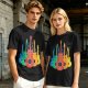 Olive T-Shirt With Colorful Cat Guitar Illustration