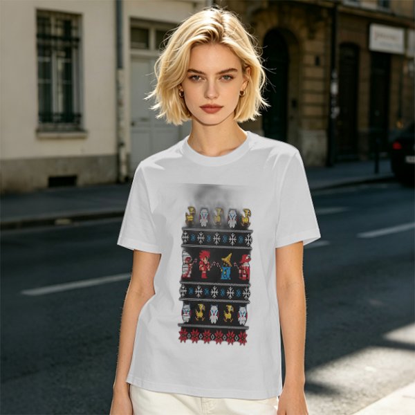 Olive T-Shirt With Final Fantasy Christmas Themed Pixel Art Print