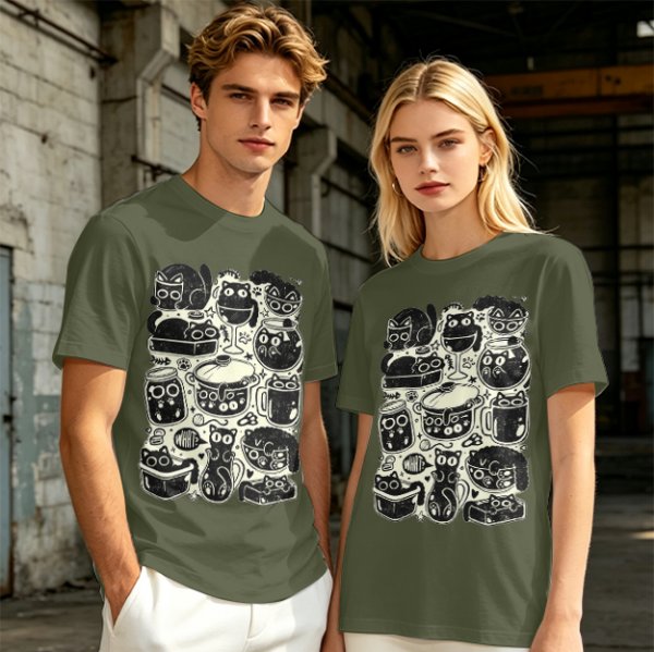 Olive Green T-Shirt With Playful Black Cats In Kitchenware Print