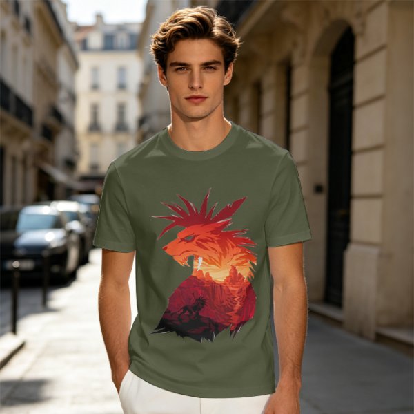 Olive T-Shirt With Fiery Lion Creature Graphic Print