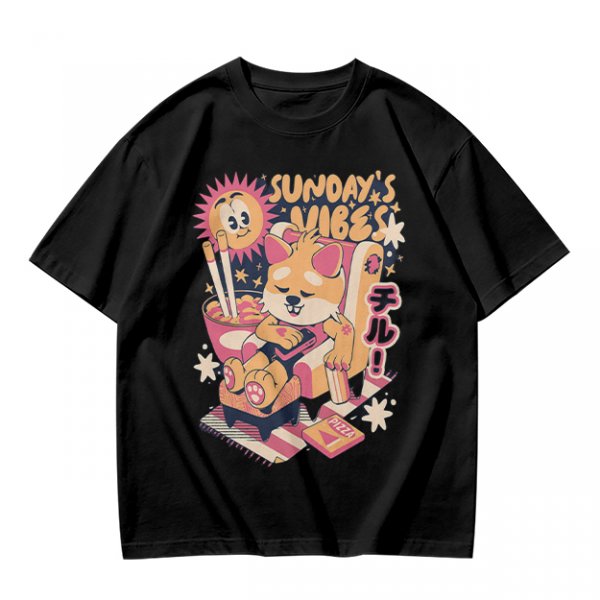 Olive t-shirt with Sunday's Vibes Shiba Inu relaxing graphic