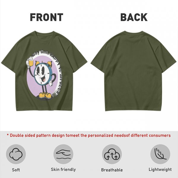 Olive T-Shirt With Cartoon Clock Holding Beer 'Happy Hour' Print