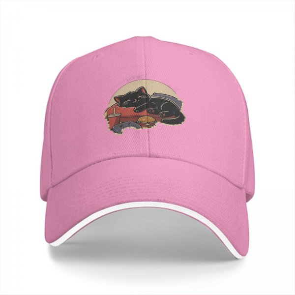 Black Baseball Cap With Lazy Cat Gaming Snack Print
