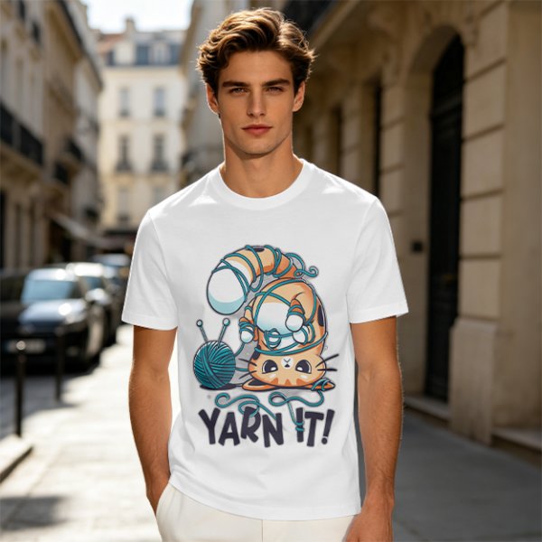 Olive T-shirt with Tangled Orange Cat Yarn It Print