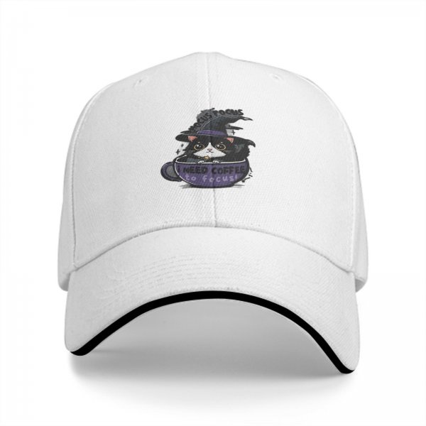Black baseball cap with witch cat coffee cup 'I need coffee to focus' print