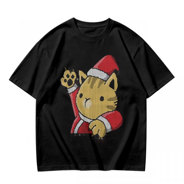 Olive Green T-Shirt With Waving Christmas Cat Graphic