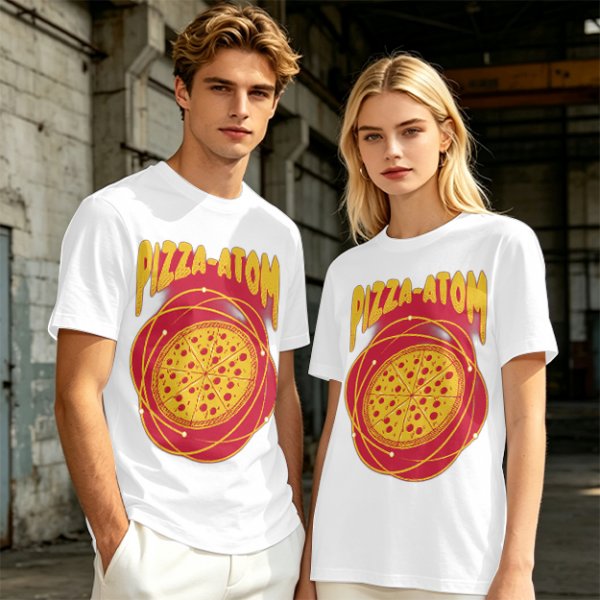 Olive green graphic t-shirt with pizza atom design