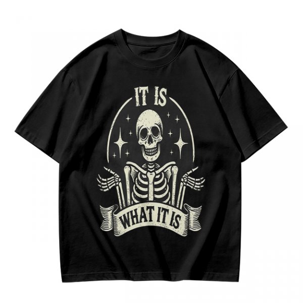 Olive t-shirt with skeleton graphic and 'It Is What It Is' text