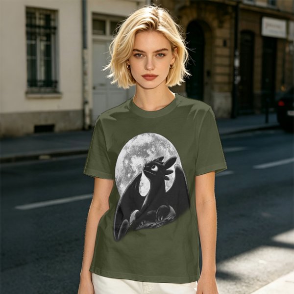 Olive T-Shirt Featuring Toothless Dragon Against Full Moon