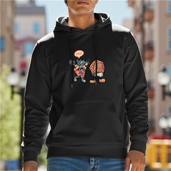 Black hoodie with cartoon heart and brain graphic print