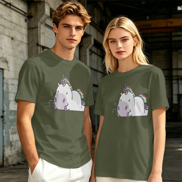Olive green t-shirt with a chubby unicorn holding a steaming coffee cup