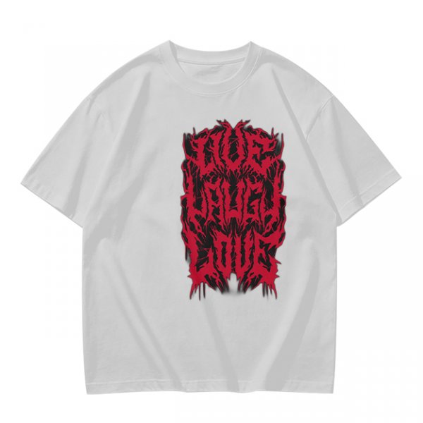 Olive green graphic t-shirt with dark metal style Live Laugh Love print