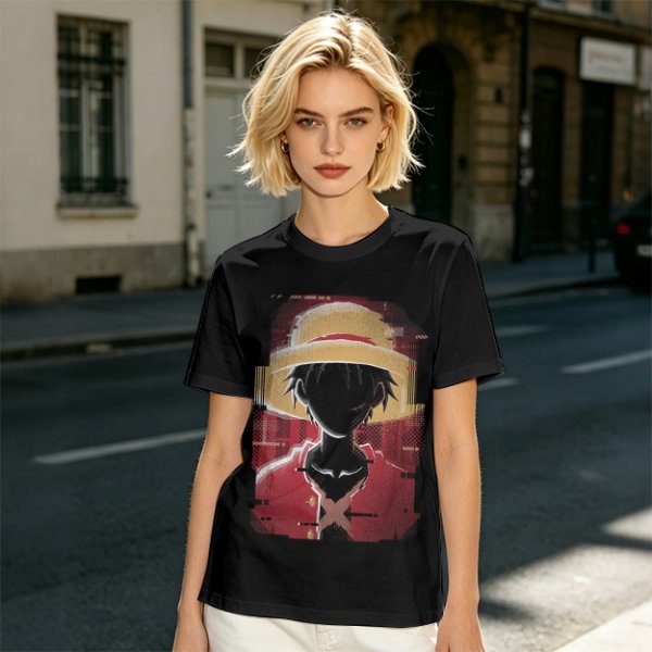 Olive T-shirt with Glitch Art Monkey D Luffy Straw Hat Print