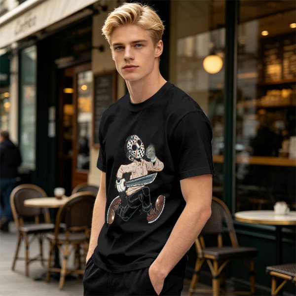 Olive T-Shirt with Cartoon Jason Voorhees Graphic Print